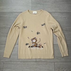 Lilly of California Vintage Sweater Cat and Mouse Piano Muisc Notes Size M Beige